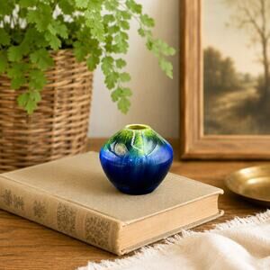Miniature Japanese Ceramic Art Bud Vase Blue Green Drip Glaze
